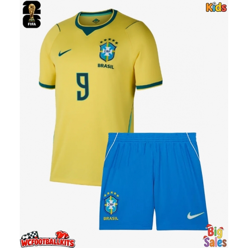Brazil Matheus Cunha #9 Replica Home Stadium Kit for Kids World Cup 2026 Short Sleeve (+ pants)